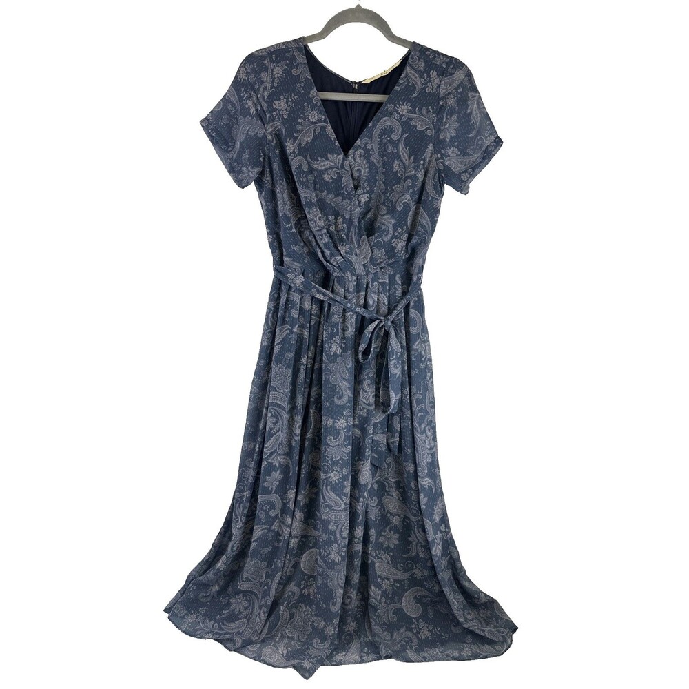 Wayward Fancies EShakti Dress Midi Chiffon Belt Flare  Blue Floral Paisley‎ 8